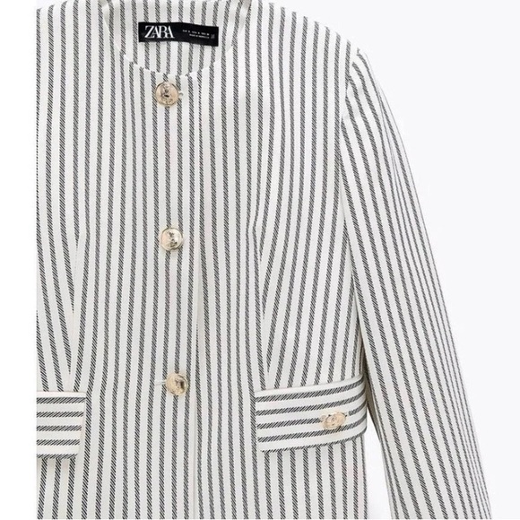 Zara Blazer White Navy Striped Cropped Blazer Gold Buttons Nautical NWT XS - Picture 9 of 9